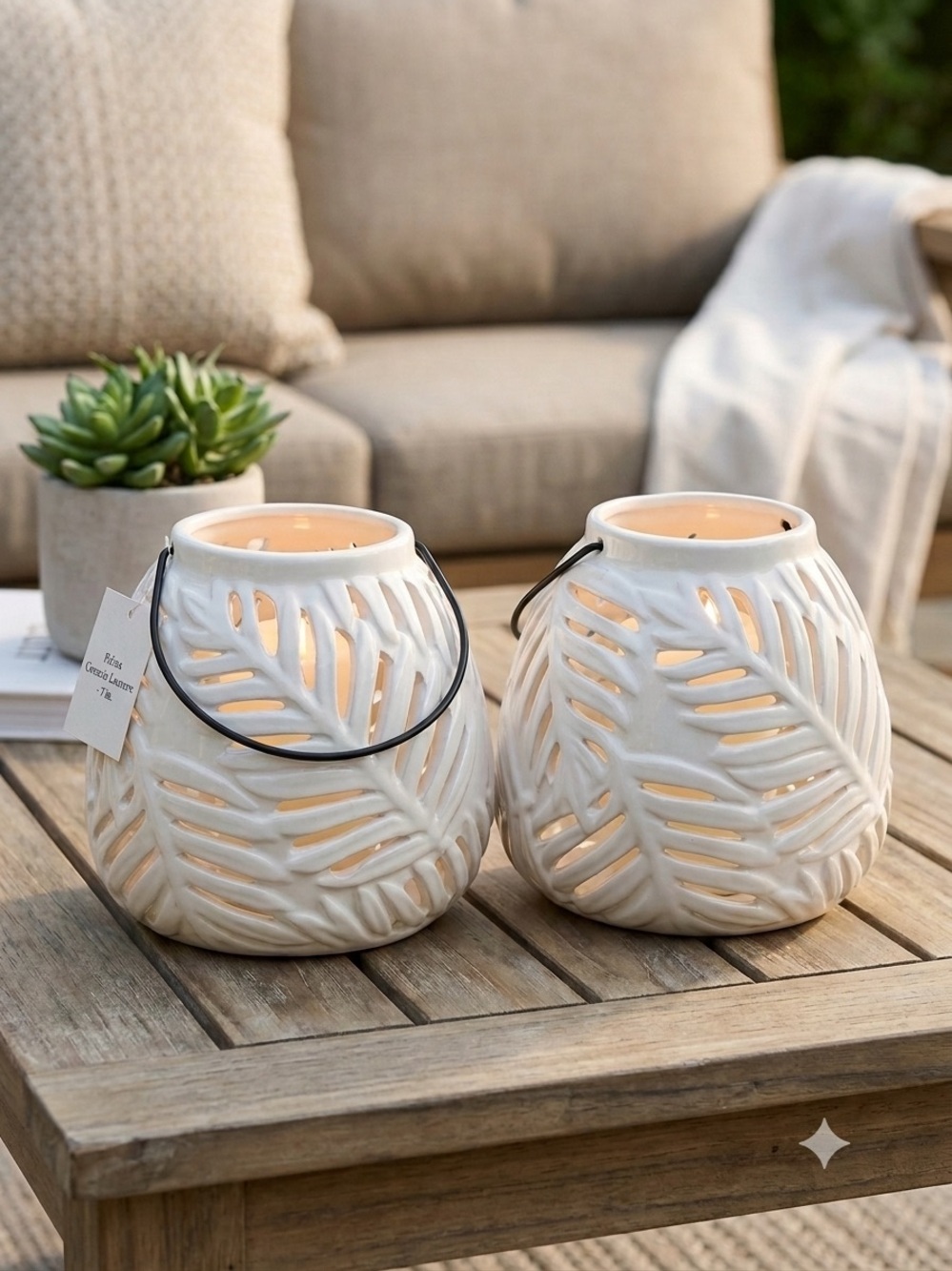 Decorative White Ceramic Lantern / Leaf Cutouts & Black Metal Handle - Set of 2